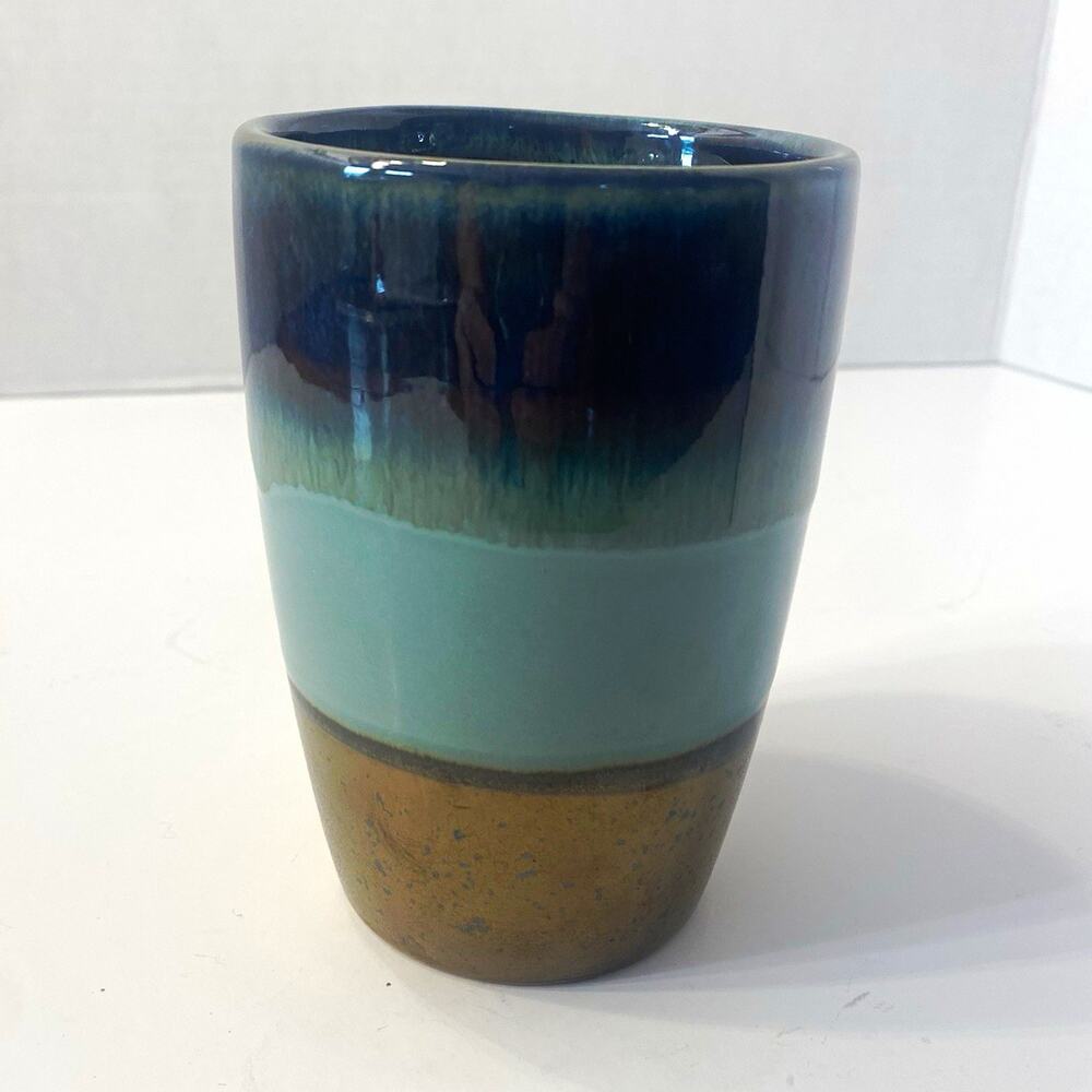 Vintage Studio Art Pottery Vase / Cup Teal Blue Brown Drip Glaze Handmade